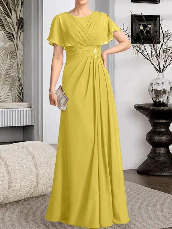 A-line Scoop Floor-Length Chiffon Mother of the Bride Dress With Pleated Beading by Dreamylily