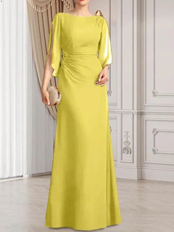 Sheath/Column Scoop Floor-Length Chiffon Mother of the Bride Dress With Pleated Beading by Dreamylily