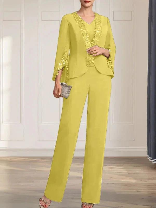 Separates Jumpsuit/Pantsuit V-Neck Floor-Length Chiffon Mother of the Bride Dress by Dreamylily
