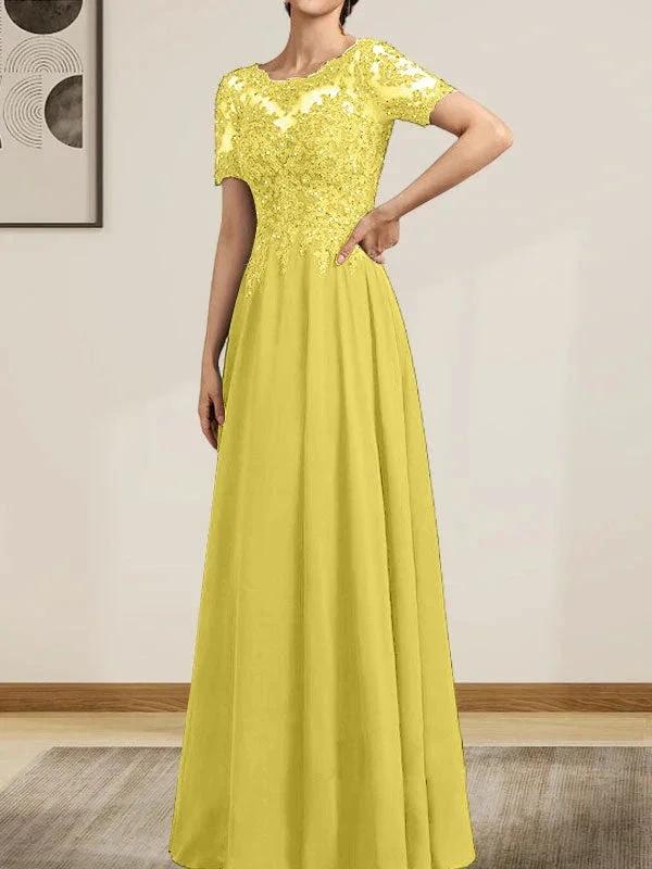 A-line Scoop Illusion Floor-Length Chiffon Lace Mother of the Bride Dress With Sequins Beading by Dreamylily
