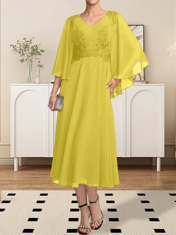 A-line V-Neck Tea-Length Chiffon Lace Mother of the Bride Dress With Beading Sequins by Dreamylily