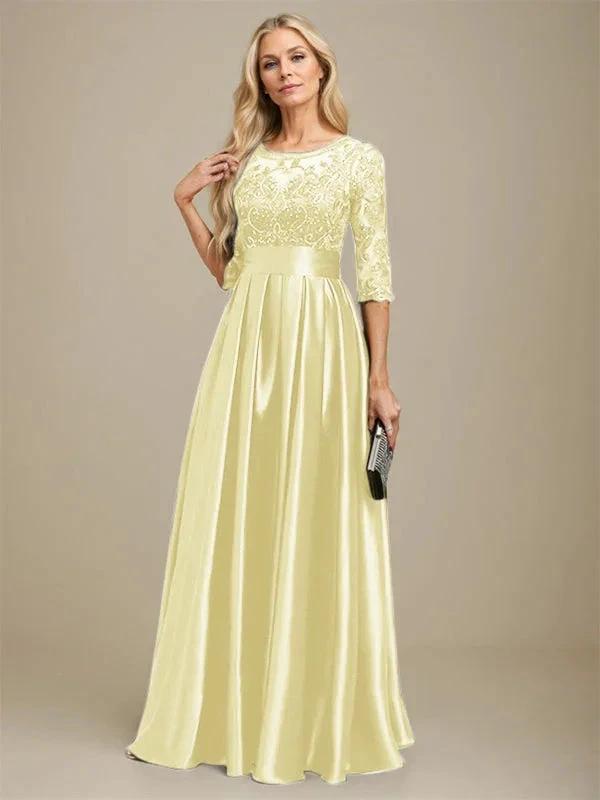 A-line Scoop Illusion Floor-Length Stretch Satin Lace Mother of the Bride Dress With Bow Sequins by Dreamylily