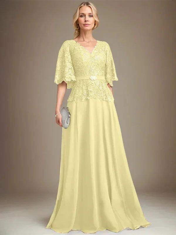 A-line V-Neck Floor-Length Chiffon Lace Mother of the Bride Dress With Crystal Brooch Rhinestone by Dreamylily