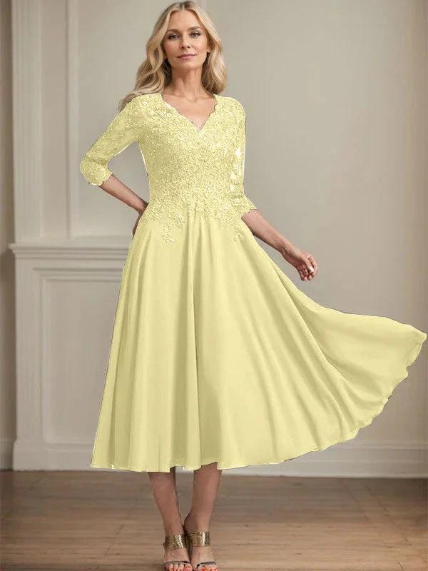 A-line V-Neck Tea-Length Chiffon Lace Mother of the Bride Dress With Beading Sequins by Dreamylily