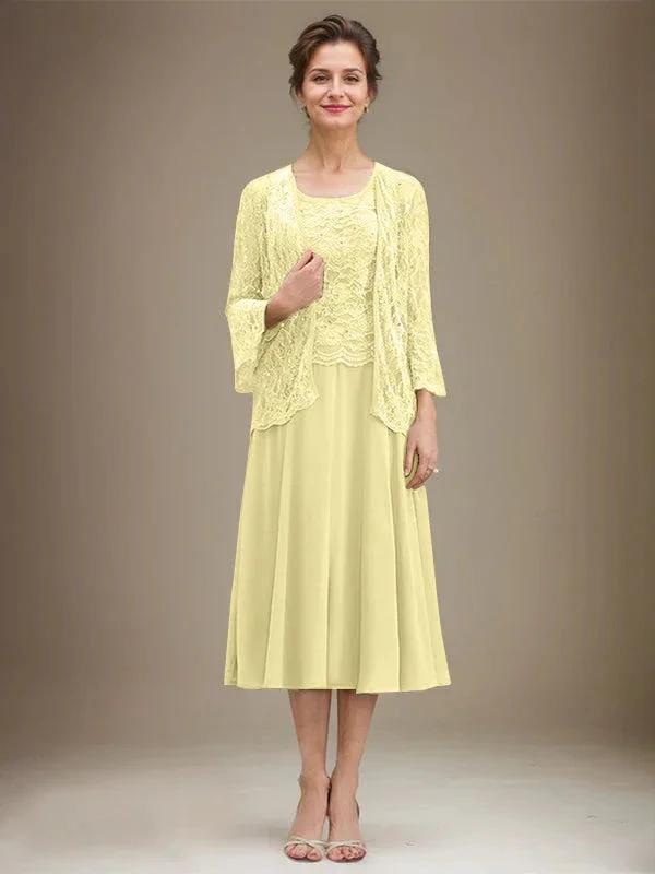 A-line Scoop Tea-Length Lace Chiffon Mother of the Bride Dress With Sequins by Dreamylily