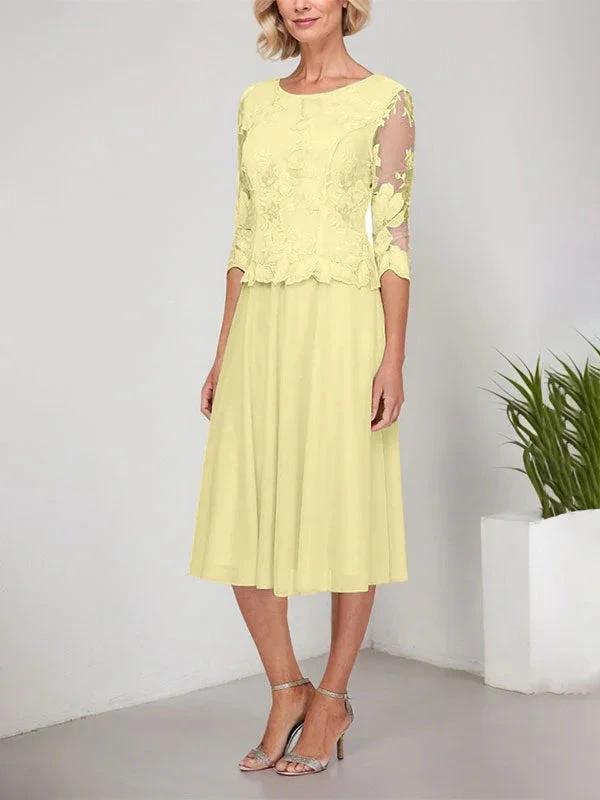 A-line Scoop Tea-Length Lace Chiffon Mother of the Bride Dress With Embroidery by Dreamylily