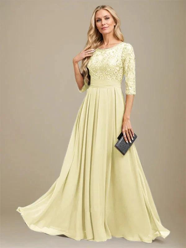 A-Line Scoop Floor-Length Lace Chiffon Mother Of the Bride Dress With Sequins Applique by Dreamylily