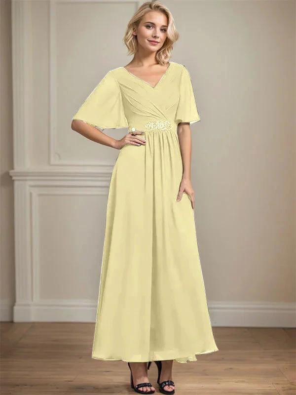 A-line V-Neck Ankle-Length Chiffon Mother of the Bride Dress With Pleated Beading Sequins by Dreamylily