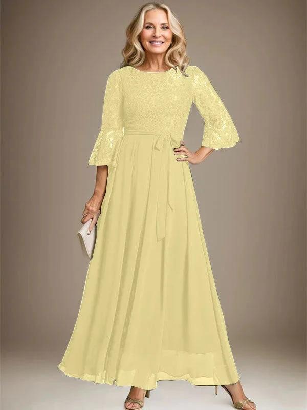 A-Linie U-Ausschnitt Knöchellang Spitzen Chiffon Kleid für die Brautmutter mit Schleife