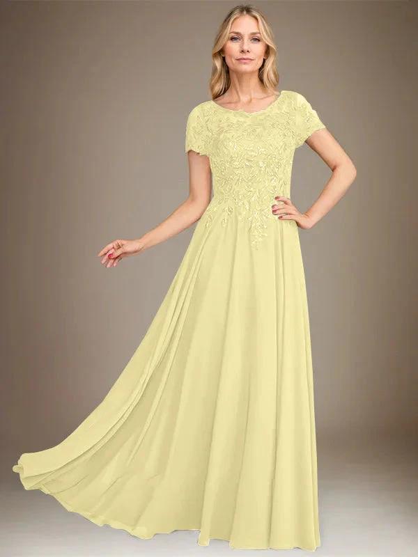 A-Line Scoop Floor-Length Chiffon Mother of the Bride Dress With Applique &amp; Sequins by Dreamylily