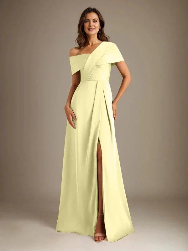 A-Line Asymmetrical Neckline Floor-Length Satin Mother of the Bride Dress With Pleated by Dreamylily