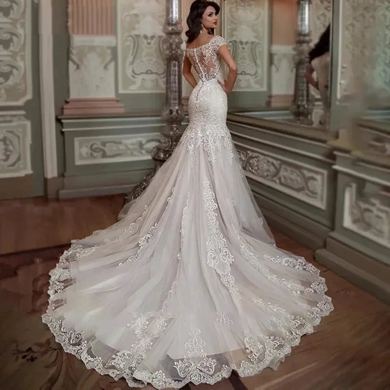 Luxury Mermaid Wedding Dress Short Sleeves Lace Appliques Elegant Boat Neck Bride Gown Illusion Backless Button Train by payinti