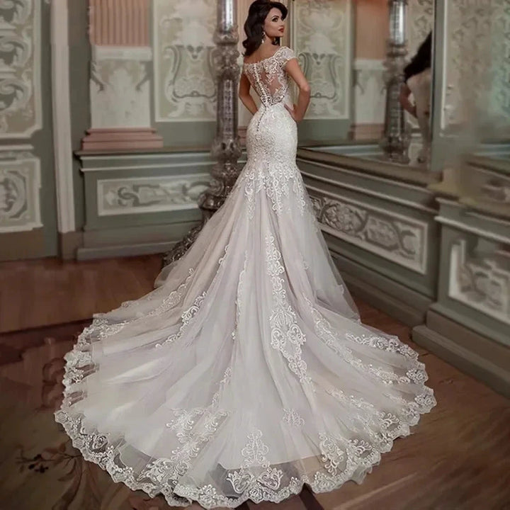 Luxury Mermaid Wedding Dress Short Sleeves Lace Appliques Elegant Boat Neck Bride Gown Illusion Backless Button Train by payinti
