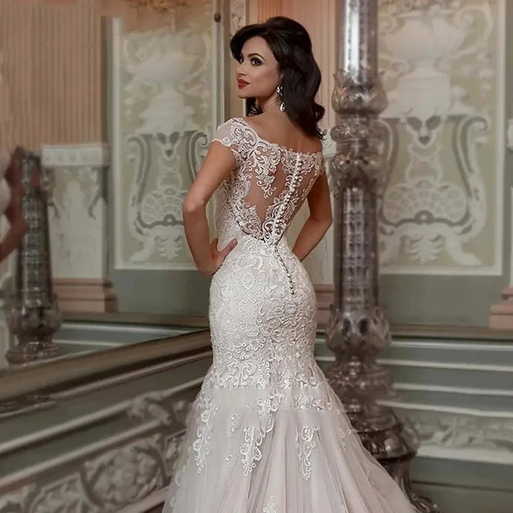 Luxury Mermaid Wedding Dress Short Sleeves Lace Appliques Elegant Boat Neck Bride Gown Illusion Backless Button Train by payinti