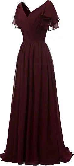 Leaf Sleeve Bridesmaid Dress V Neck Chiffon Long Formal Wedding Evening Dress Y1206 by simplepromdress