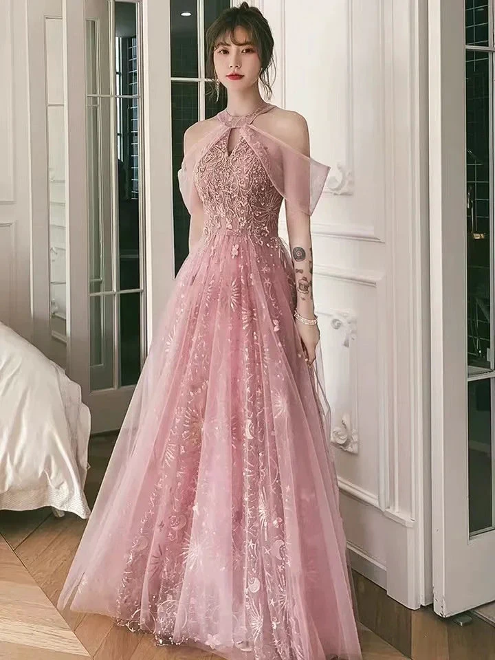 Pink party dress, halter neck prom dress, sweet fairy evening dress Y1918 by simplepromdress