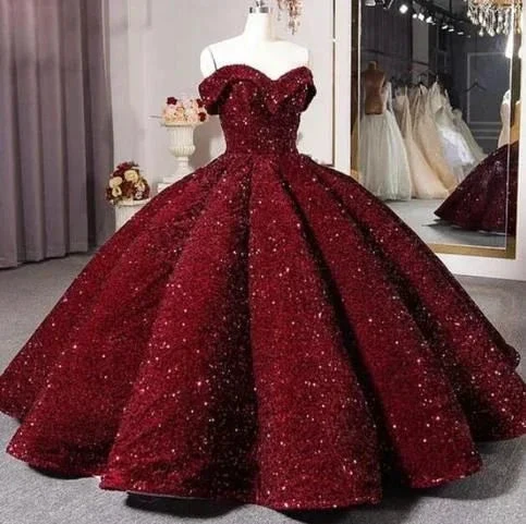 Off The Shoulder Sequins Burgundy Ball Gown Quinceanera Dress Sweet 16 Dress Y4160 by simplepromdress