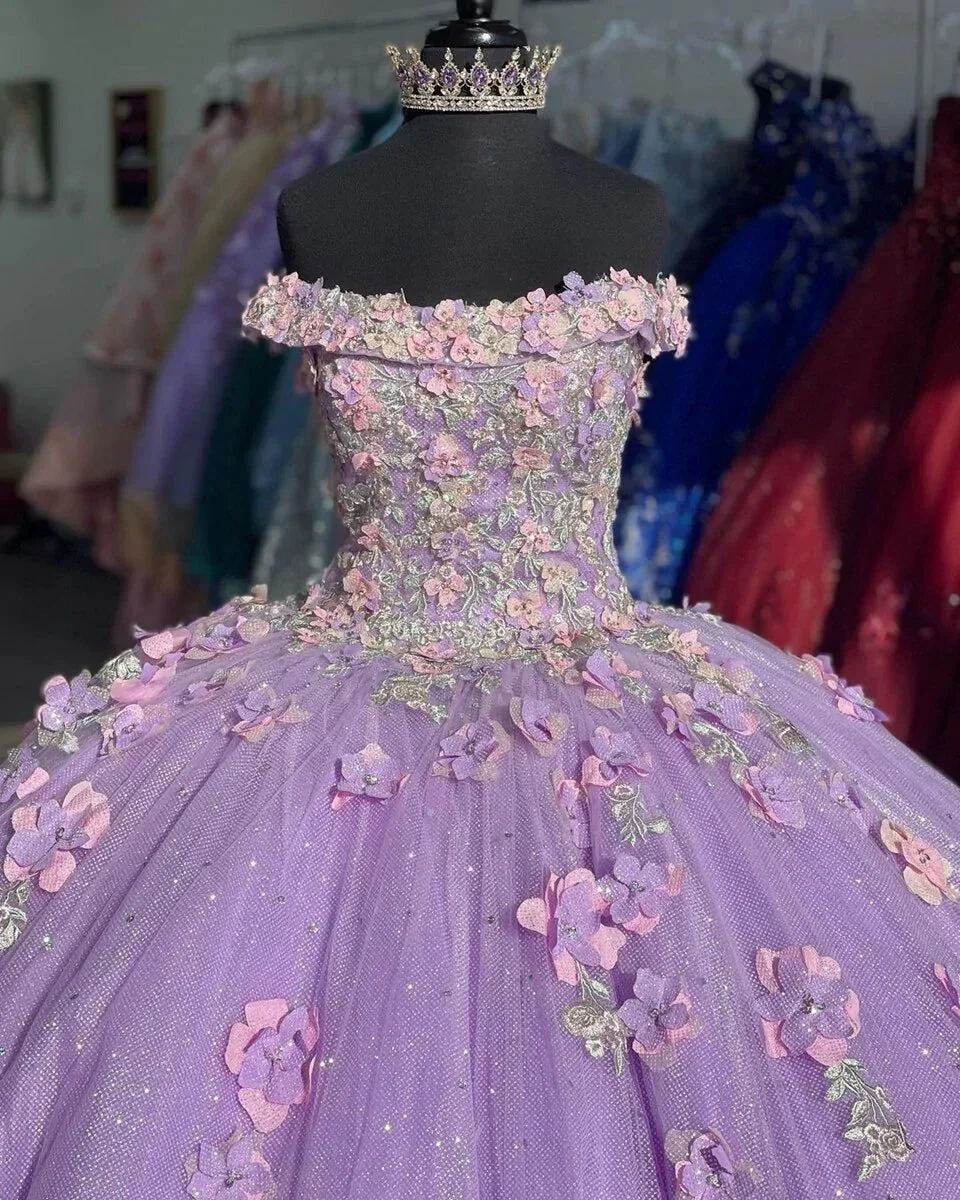 Lavender Applique Off Shoulder Shiny Elegant Tulle Ball Gown 3D Flowers Princess Dress Sweet 15th Y285 by simplepromdress