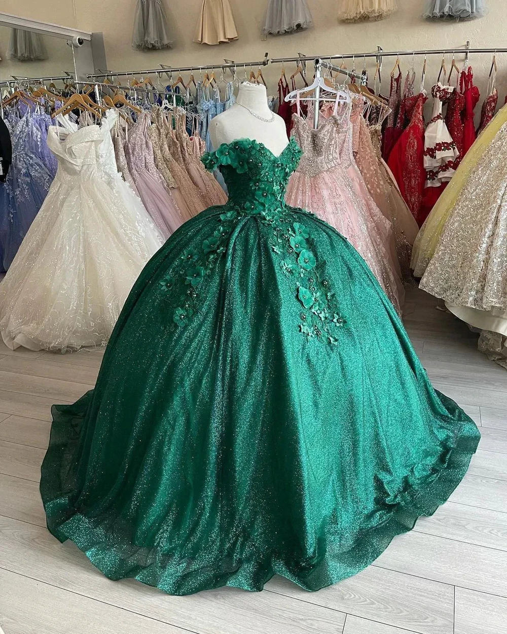 Off The Shoulder Green Ball Gown With Flowers Sweet 16 Dress Y1116 by simplepromdress