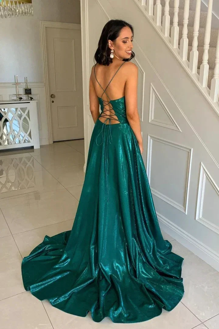 Green satin long prom dress A line evening dress Y243 by simplepromdress