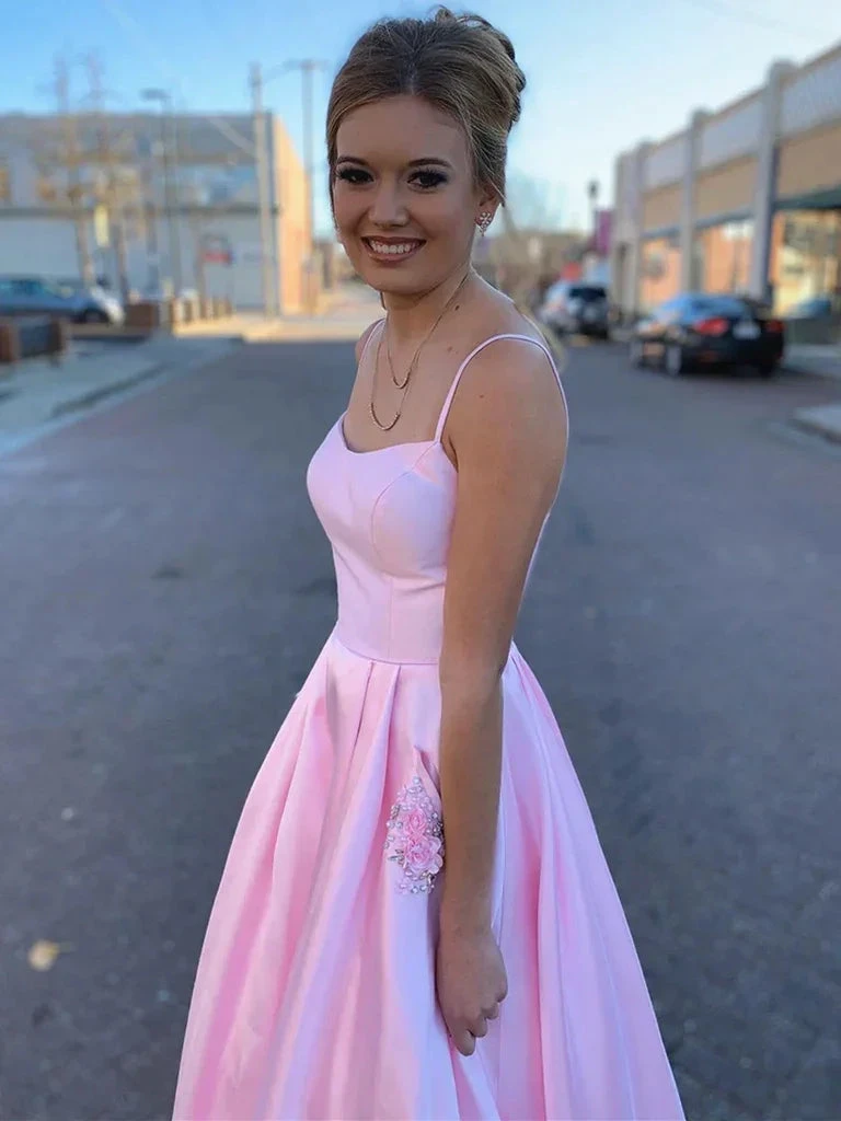 Pink Satin Prom Dress with Pockets, Pink Satin Long Formal Evening Dresses Y237 by simplepromdress