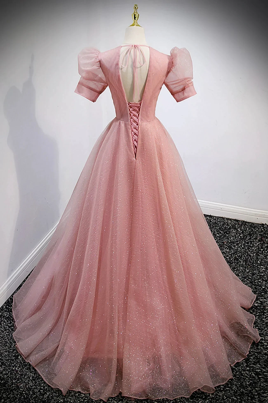 Pink V-Neck Tulle Long Prom Dresses A-Line Short Sleeve Evening Dresses Y892 by simplepromdress