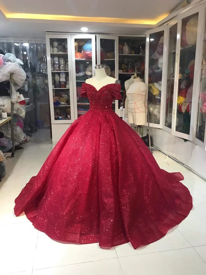 Luxurious Off Shoulder Red Glitter Beading Ball Gown Sweet 16 Dress Y1275 by simplepromdress
