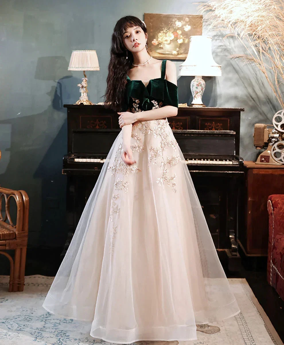 A-line Green Tulle Lace Long Prom Dress, Green Formal Evening Dress Y1928 by simplepromdress