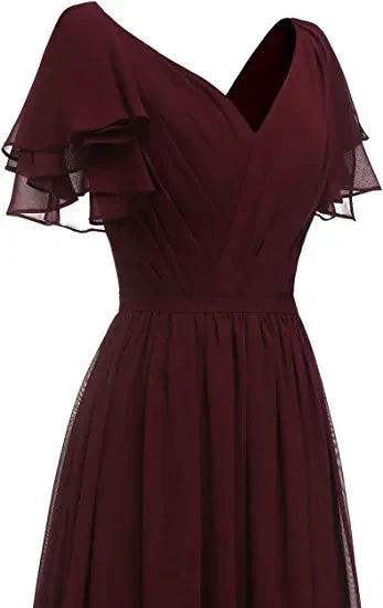Leaf Sleeve Bridesmaid Dress V Neck Chiffon Long Formal Wedding Evening Dress Y1206 by simplepromdress
