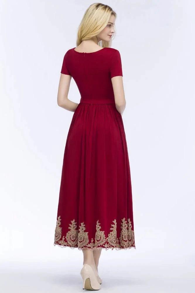 A-line Ankle Length Short Sleeves Appliques Plus Size Prom Dresses with Sash by misshow.com