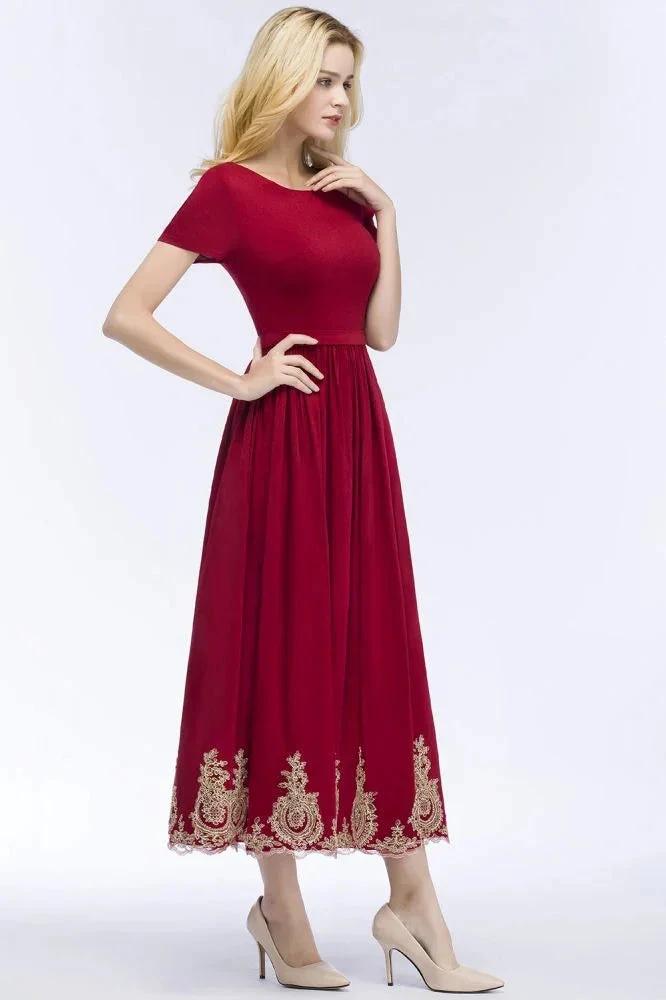 A-line Ankle Length Short Sleeves Appliques Plus Size Prom Dresses with Sash by misshow.com