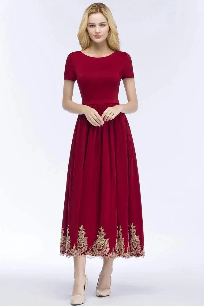 A-line Ankle Length Short Sleeves Appliques Plus Size Prom Dresses with Sash by misshow.com