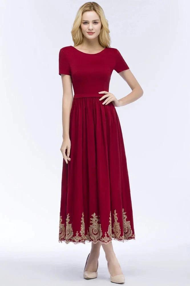 A-line Ankle Length Short Sleeves Appliques Plus Size Prom Dresses with Sash by misshow.com