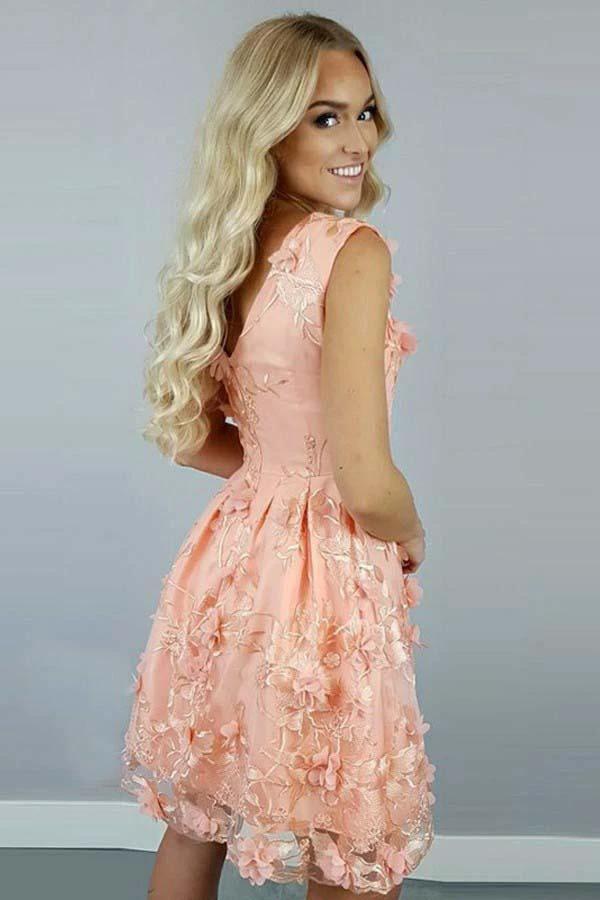 A-Line Bateau Coral Satin Homecoming Dress with Appliques Flowers PD112 by pgmdress