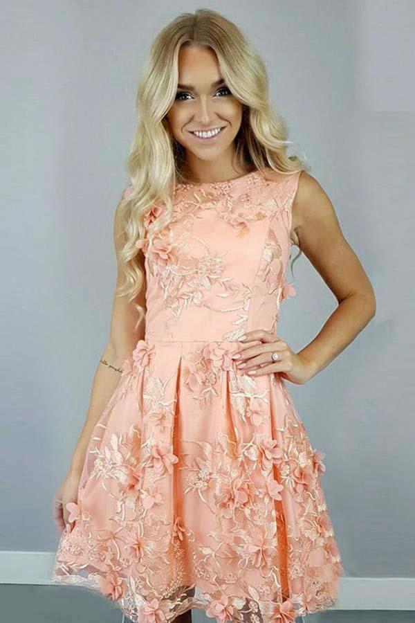 A-Line Bateau Coral Satin Homecoming Dress with Appliques Flowers PD112 by pgmdress