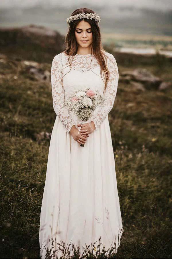 A-Line Bateau Floor Length Chiffon Wedding Dress with Long Sleeves WD319 by pgmdress