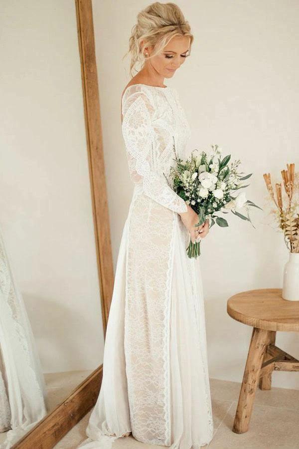 Sheath Bateau Long Sleeves Backless Chiffon Wedding Dress with Lace WD400 by pgmdress