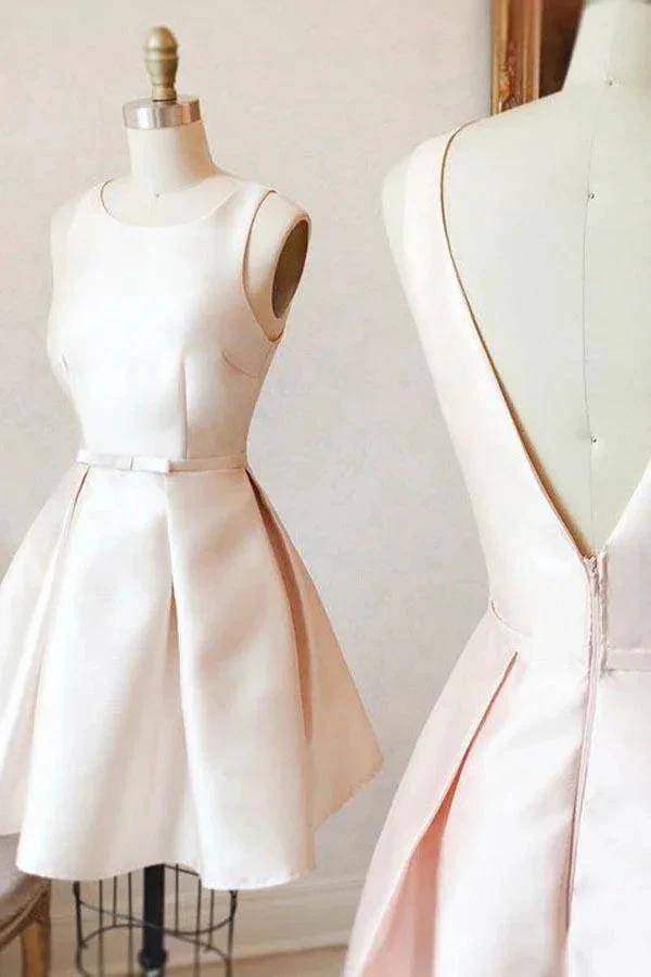 A-Line Bateau V-Back Short Pearl Pink Satin Homecoming Dress with Sash PD140 by pgmdress
