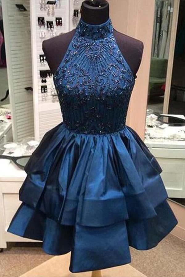 A-line Beaded Halter Neckline Satin Homecoming Dress Short Prom Dress PG166 by pgmdress