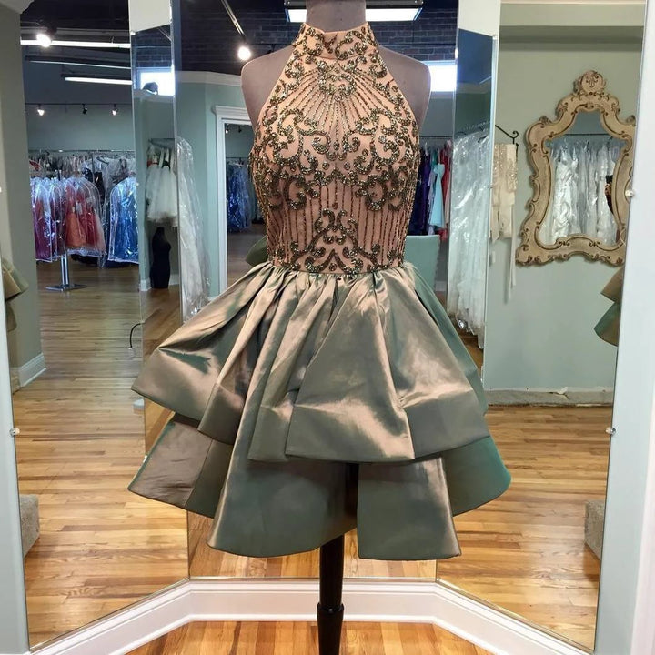 A-line Beaded Halter Neckline Satin Homecoming Dress Short Prom Dress PG166 by pgmdress