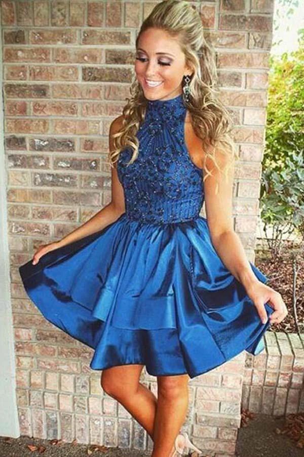 A-line Beaded Halter Neckline Satin Homecoming Dress Short Prom Dress PG166 by pgmdress