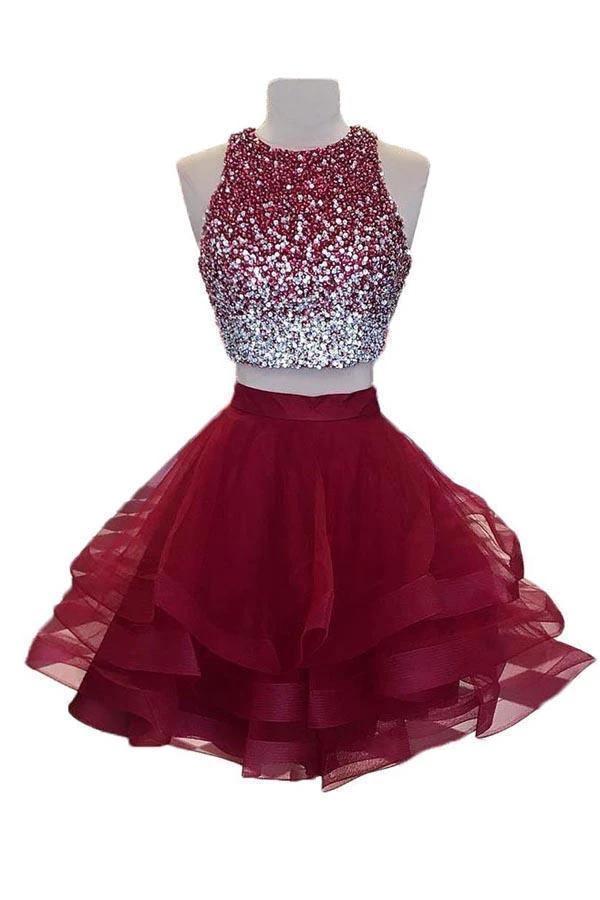 A-line Beaded Top Burgundy Organza Two Piece Homecoming Dresses PD170 by pgmdress
