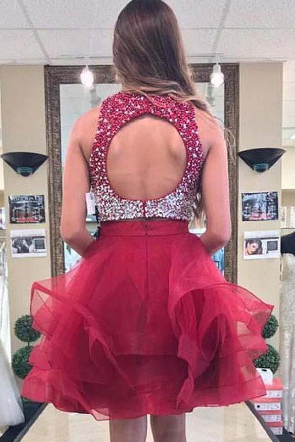 A-line Beaded Top Burgundy Organza Two Piece Homecoming Dresses PD170 by pgmdress