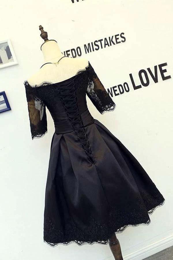 A-line Black Short Sleeves Homecoming Dresses With Lace Applique PD134 by pgmdress