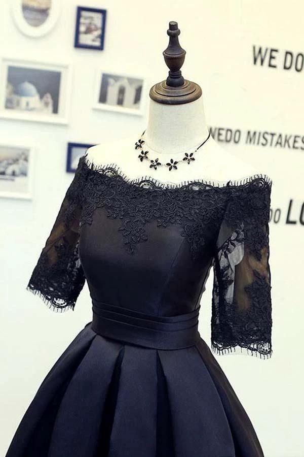 A-line Black Short Sleeves Homecoming Dresses With Lace Applique PD134 by pgmdress