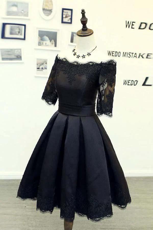 A-line Black Short Sleeves Homecoming Dresses With Lace Applique PD134 by pgmdress