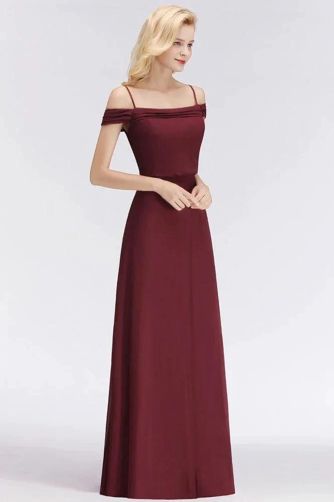 A-line Burgundy Bridesmaid Dress Off-the-shoulder Floor Length Party Dress by misshow.com