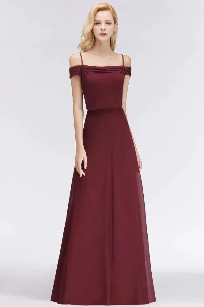 A-line Burgundy Bridesmaid Dress Off-the-shoulder Floor Length Party Dress by misshow.com
