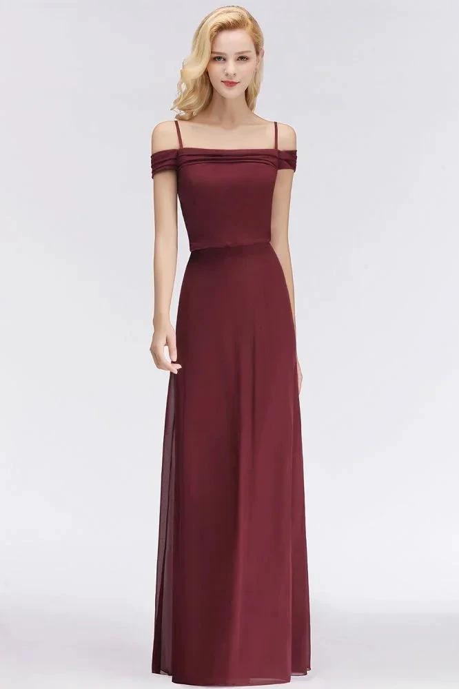 A-line Burgundy Bridesmaid Dress Off-the-shoulder Floor Length Party Dress by misshow.com