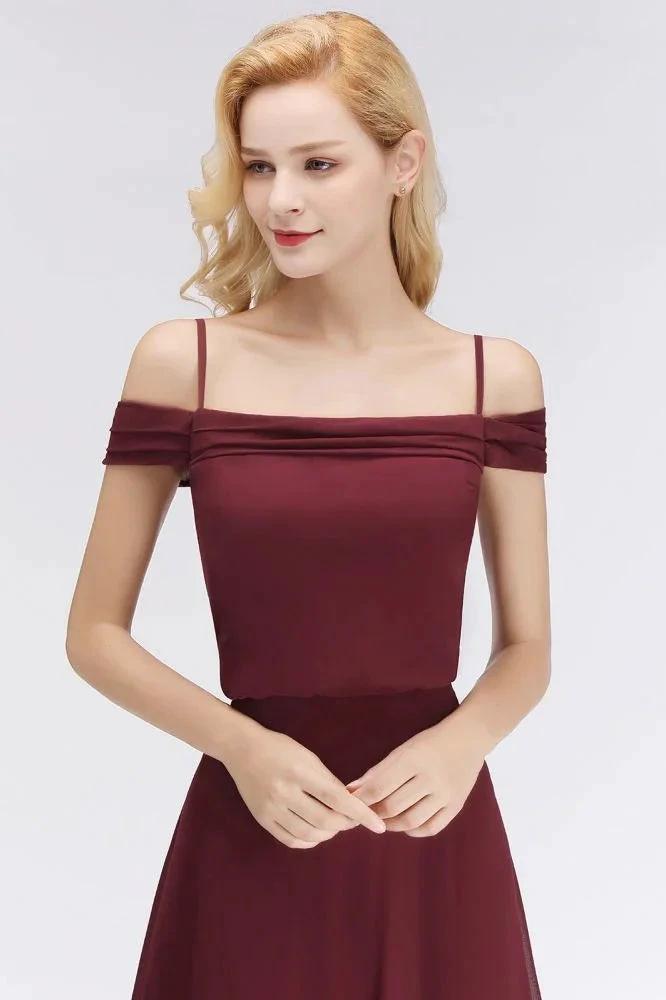 A-line Burgundy Bridesmaid Dress Off-the-shoulder Floor Length Party Dress by misshow.com
